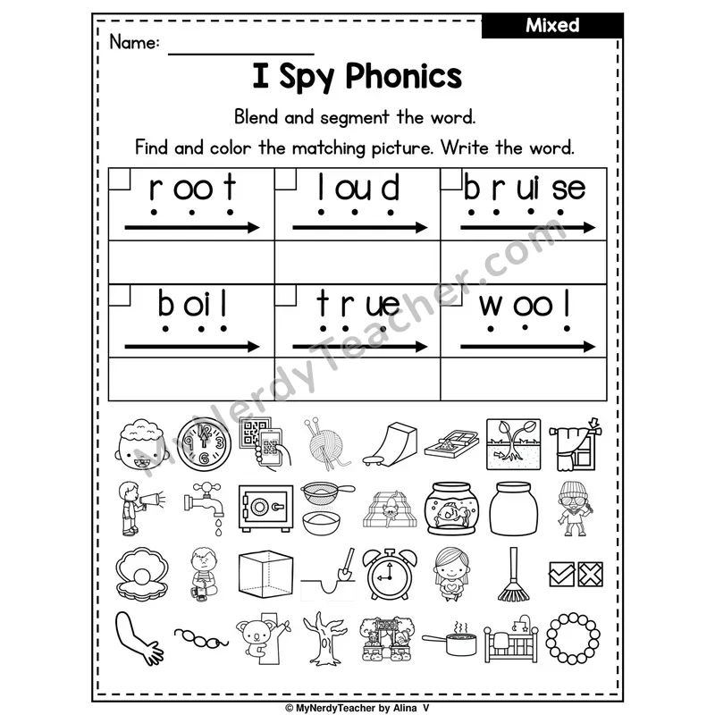 I Spy Phonics Worksheet — Mixed Diphthongs