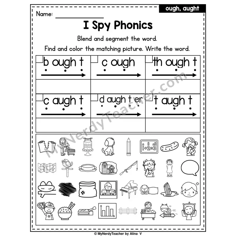 I Spy Phonics Worksheet — ough, aught Spellings
