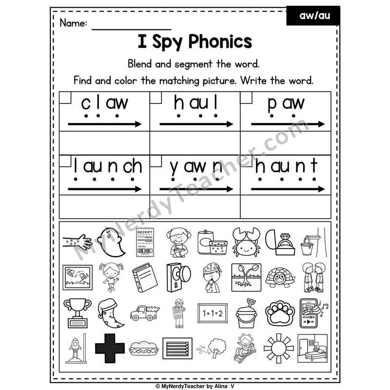I Spy Phonics Worksheet — Mixed aw, au, ou Sounds