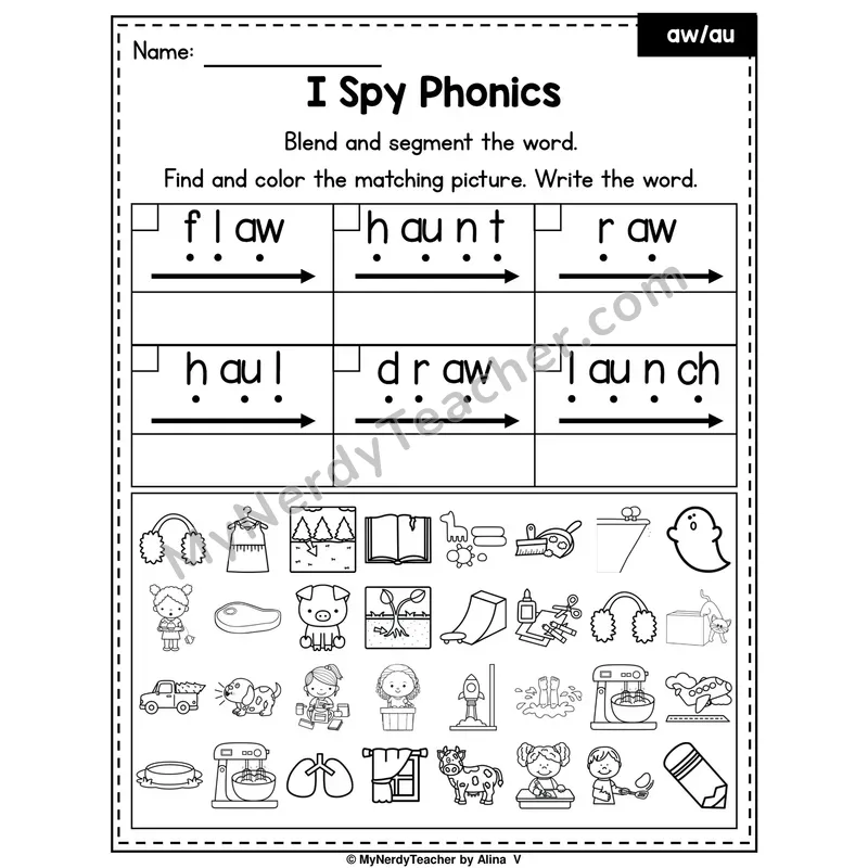 I Spy Phonics Worksheet — Mixed aw, au, ou Sounds