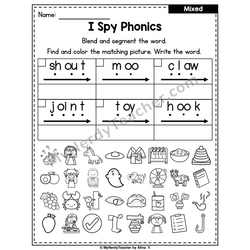 I Spy Phonics Worksheet — Mixed Diphthongs