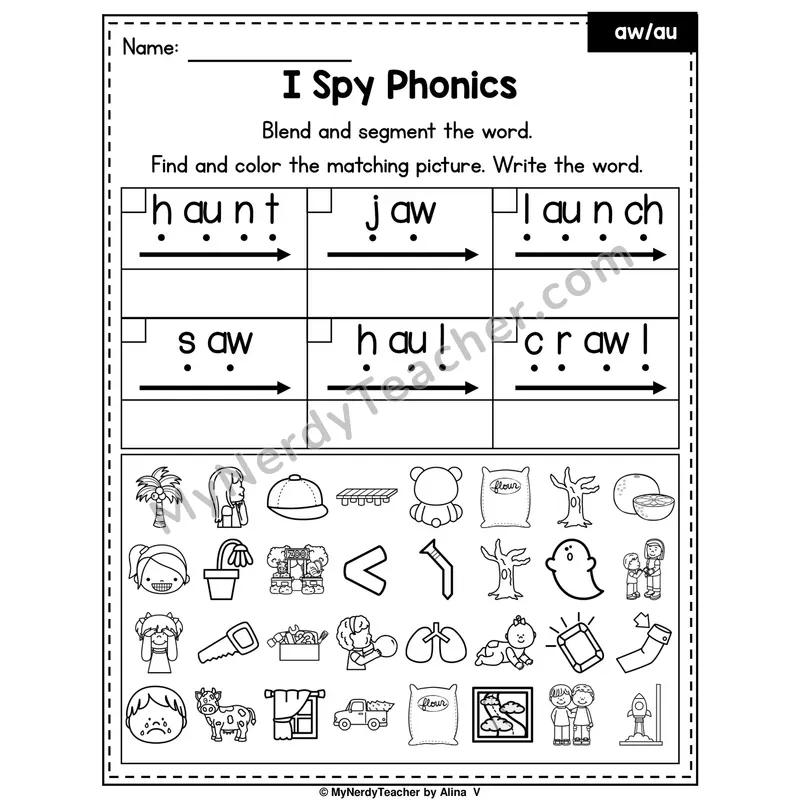 I Spy Phonics Worksheet — Mixed aw, au, ou Sounds