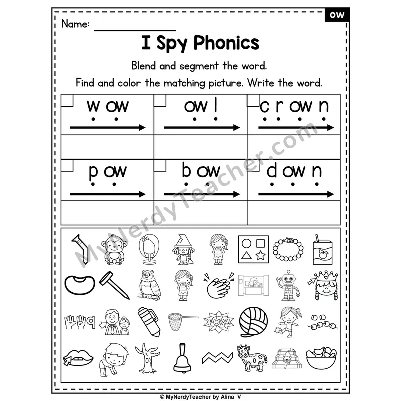 I Spy Phonics Worksheet — ow Diphthong