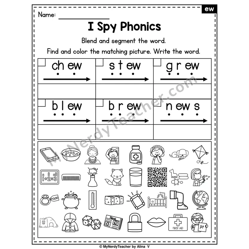 I Spy Phonics Worksheet — ew Vowel Team