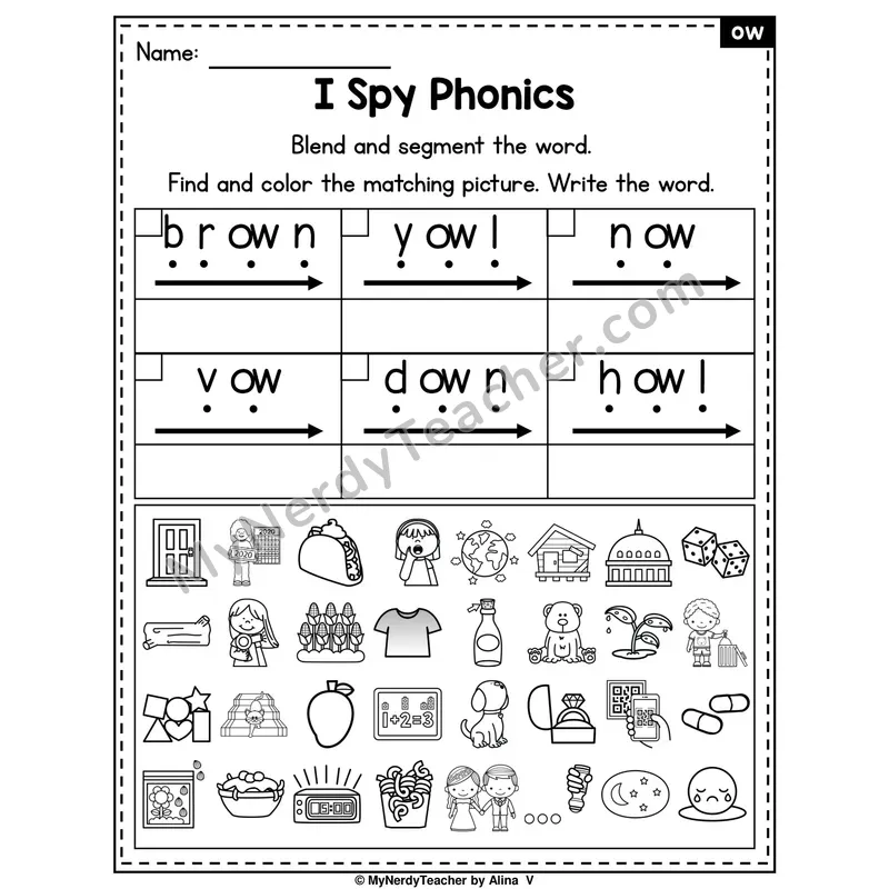 I Spy Phonics Worksheet — ow Diphthong