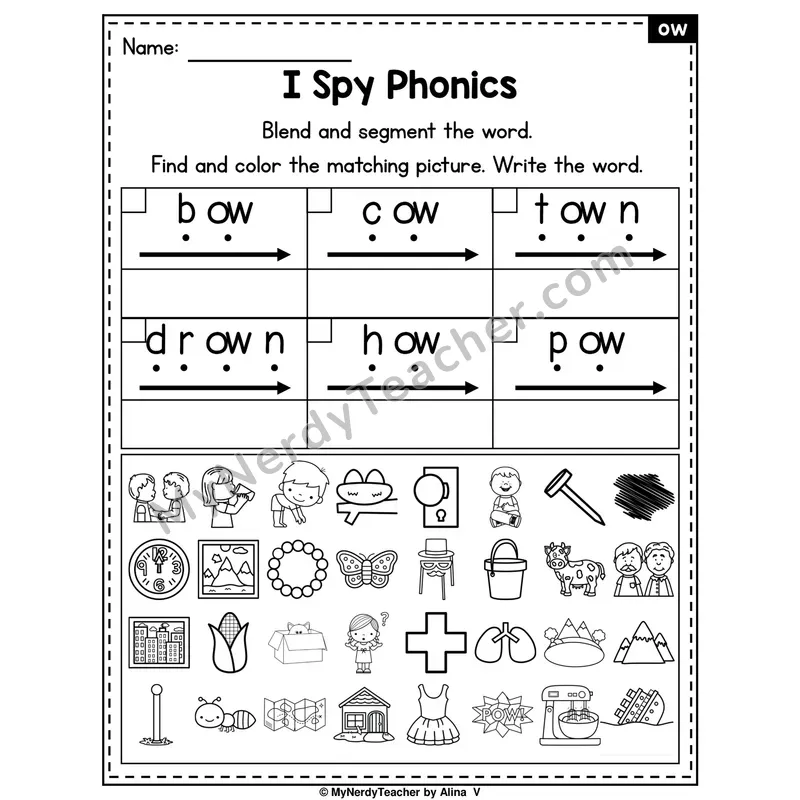 I Spy Phonics Worksheet — ow Diphthong