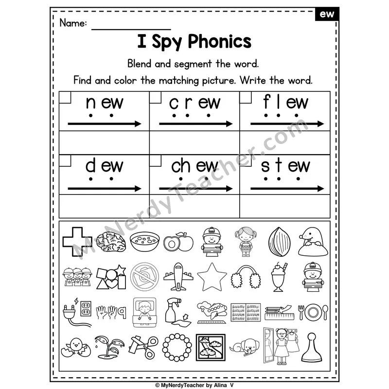 I Spy Phonics Worksheet — ew Vowel Team