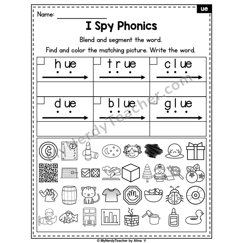 I Spy Phonics Worksheet — ue Vowel Team