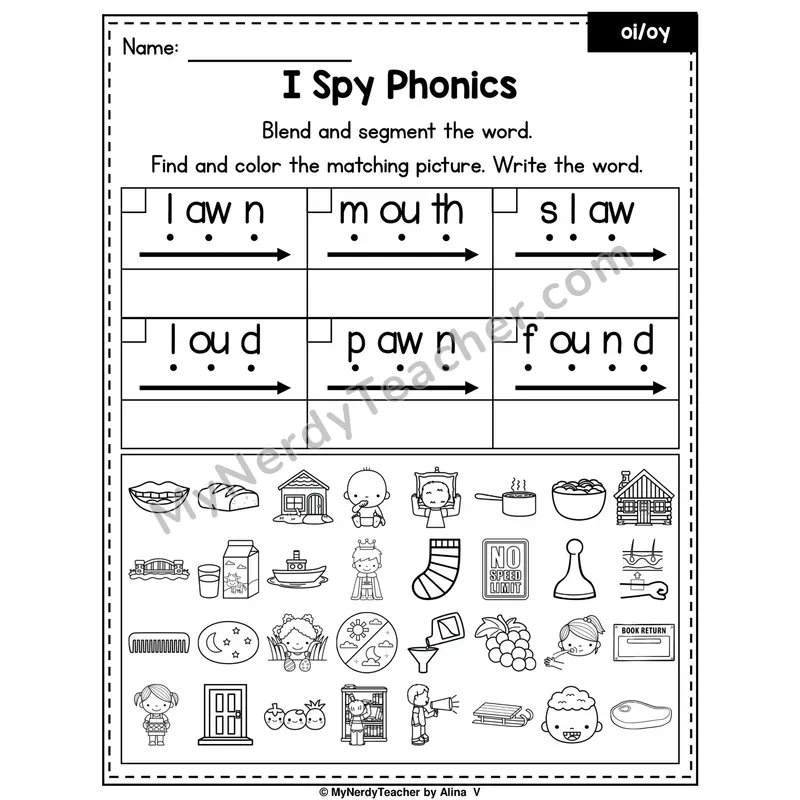 I Spy Phonics Worksheet — oi, ou Diphthongs