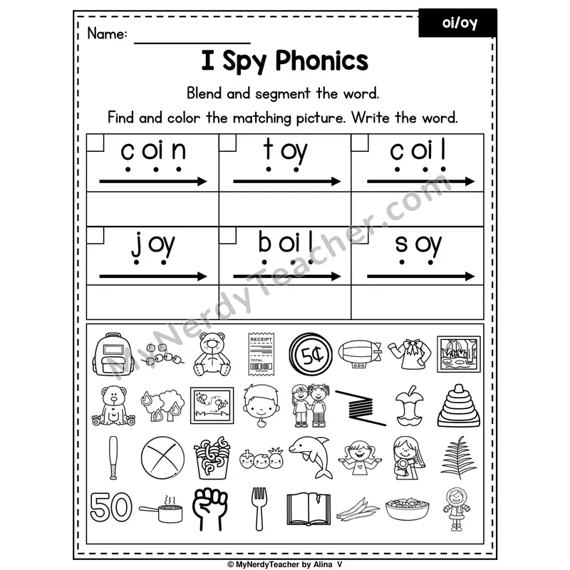 I Spy Phonics Worksheet — oi, oy Diphthongs