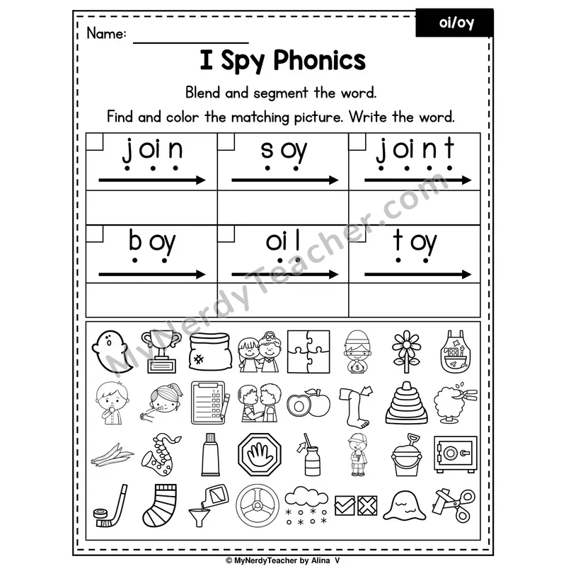 I Spy Phonics Worksheet — oi, oy Diphthongs