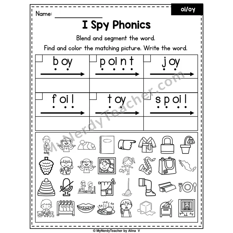 I Spy Phonics Worksheet — oi, oy Diphthongs