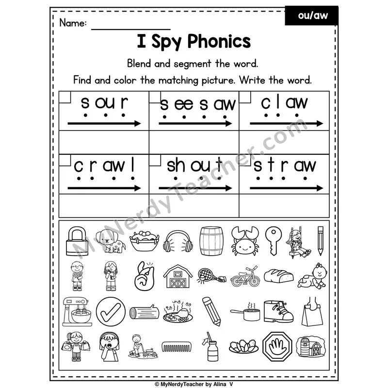 I Spy Phonics Worksheet — Mixed aw, au, ou Sounds