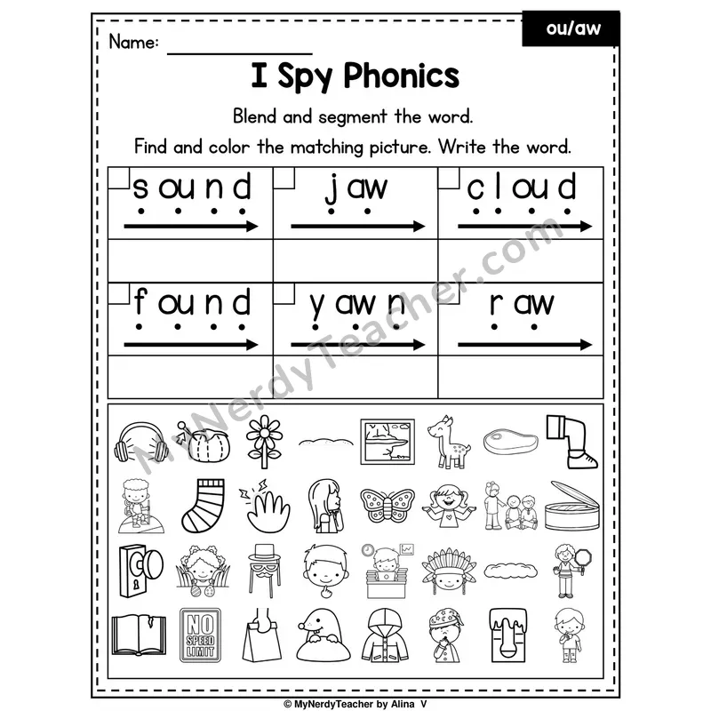 I Spy Phonics Worksheet — Mixed aw, au, ou Sounds