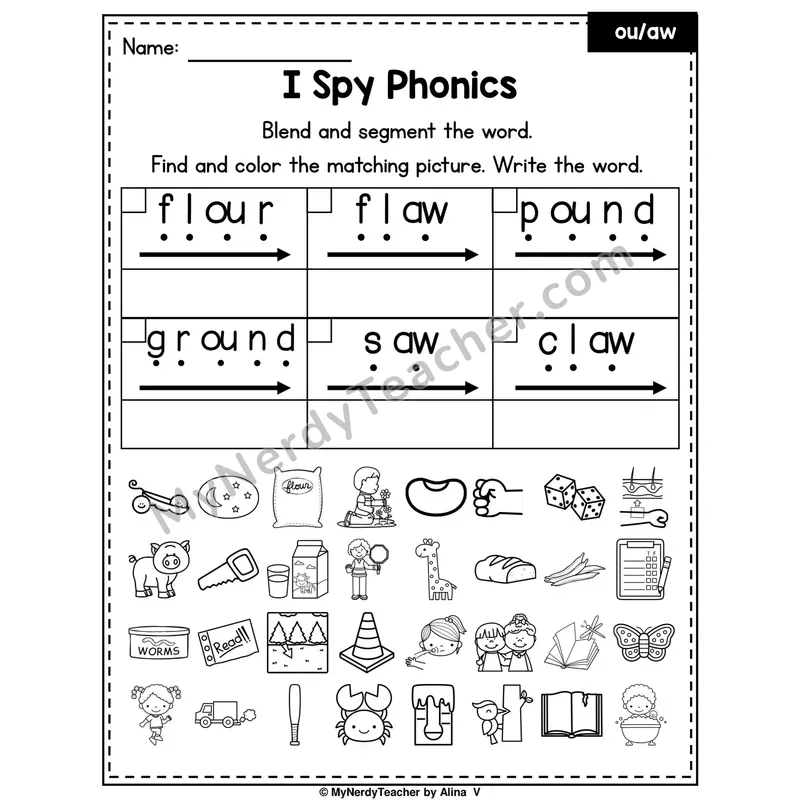I Spy Phonics Worksheet — Mixed aw, au, ou Sounds