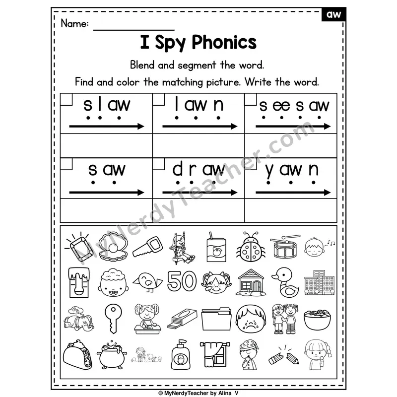I Spy Phonics Worksheet — aw Vowel Team