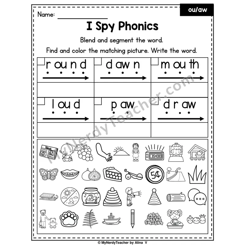 I Spy Phonics Worksheet — Mixed aw, au, ou Sounds