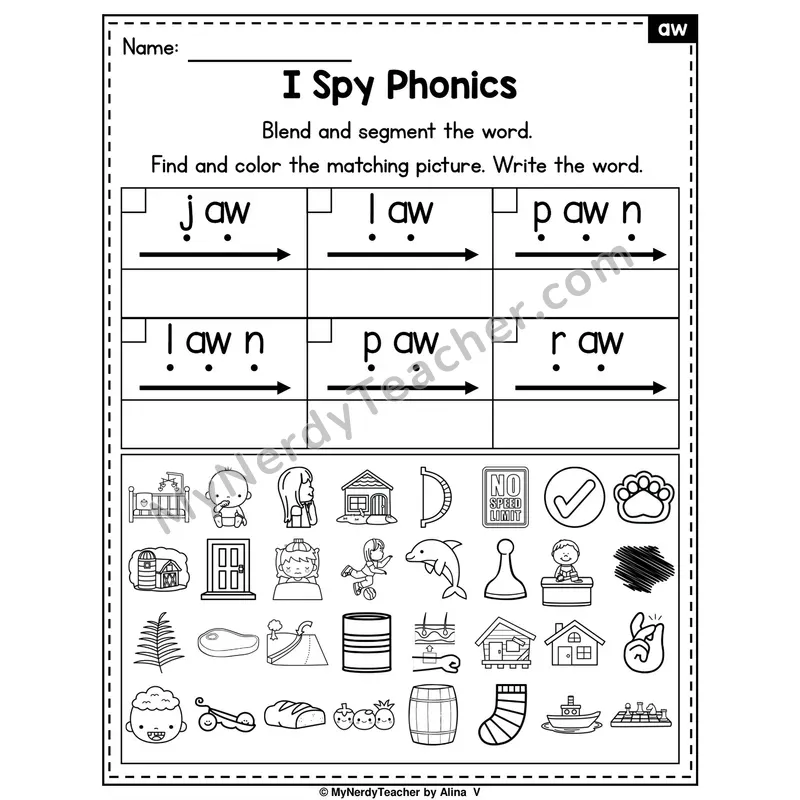 I Spy Phonics Worksheet — aw Vowel Team