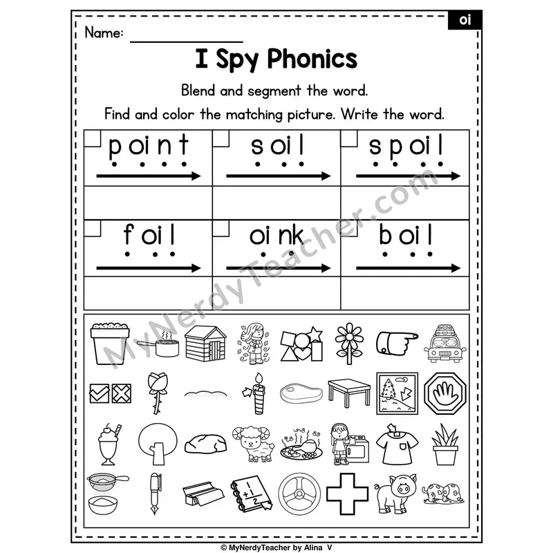 I Spy Phonics Worksheet — oi Diphthong
