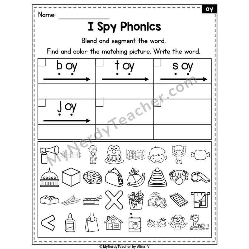 I Spy Phonics Worksheet — oy Diphthong