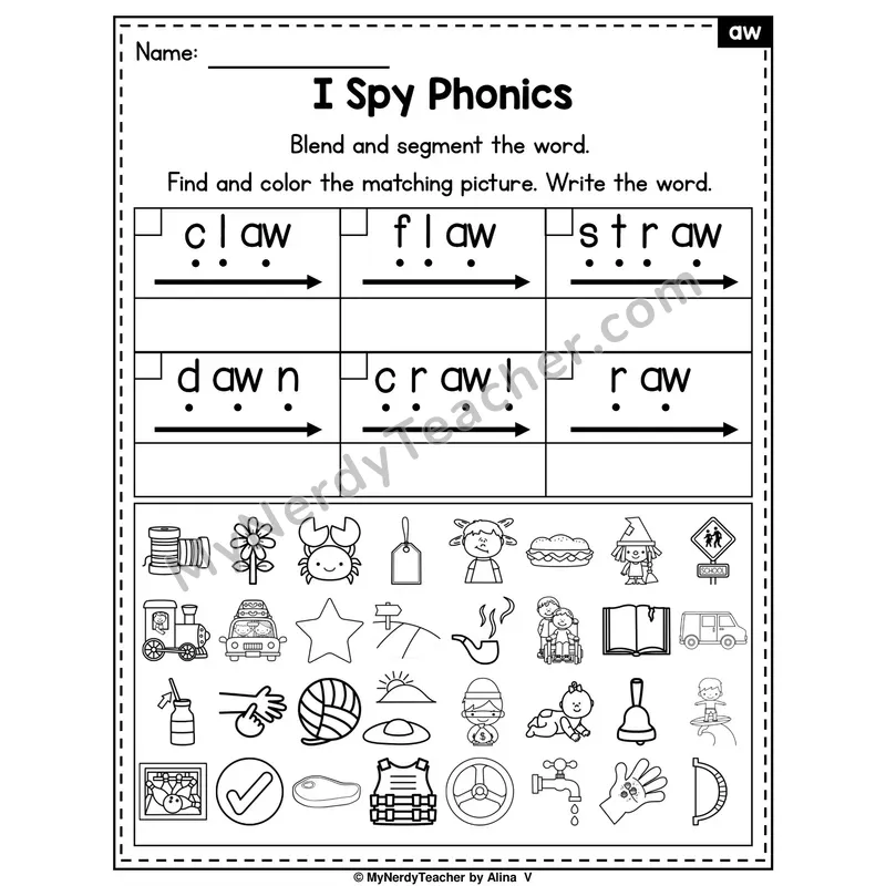 I Spy Phonics Worksheet — aw Vowel Team
