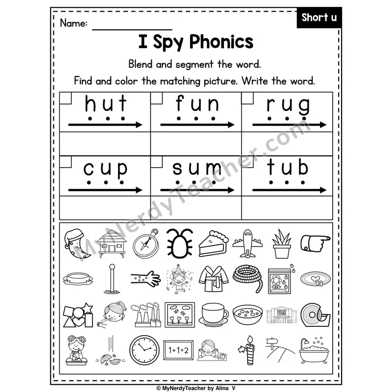 I Spy Phonics Worksheet — Short U CVC Words