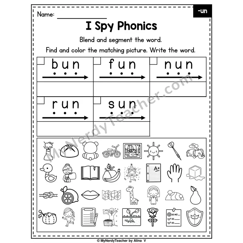 I Spy Phonics Worksheet — Short U CVC Words — -un