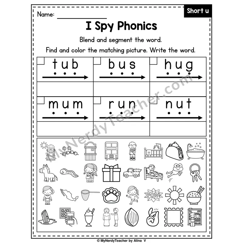 I Spy Phonics Worksheet — Short U CVC Words