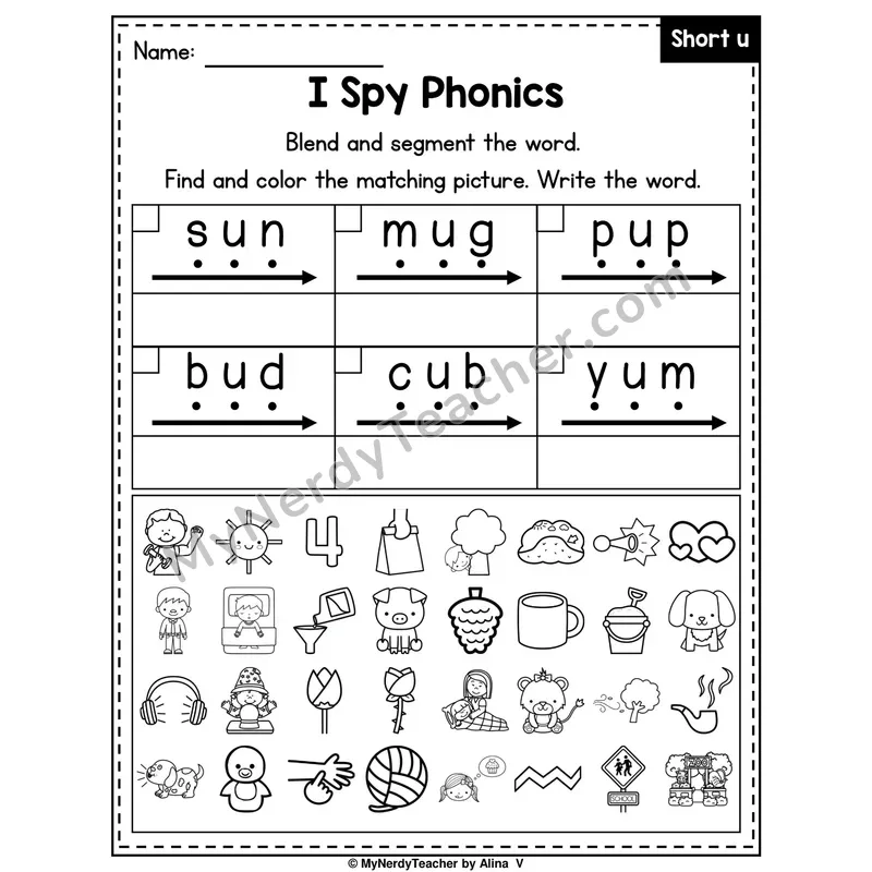 I Spy Phonics Worksheet — Short U CVC Words