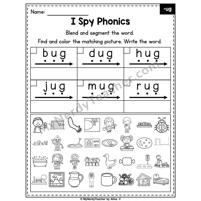 I Spy Phonics Worksheet — Short U CVC Words — -ug
