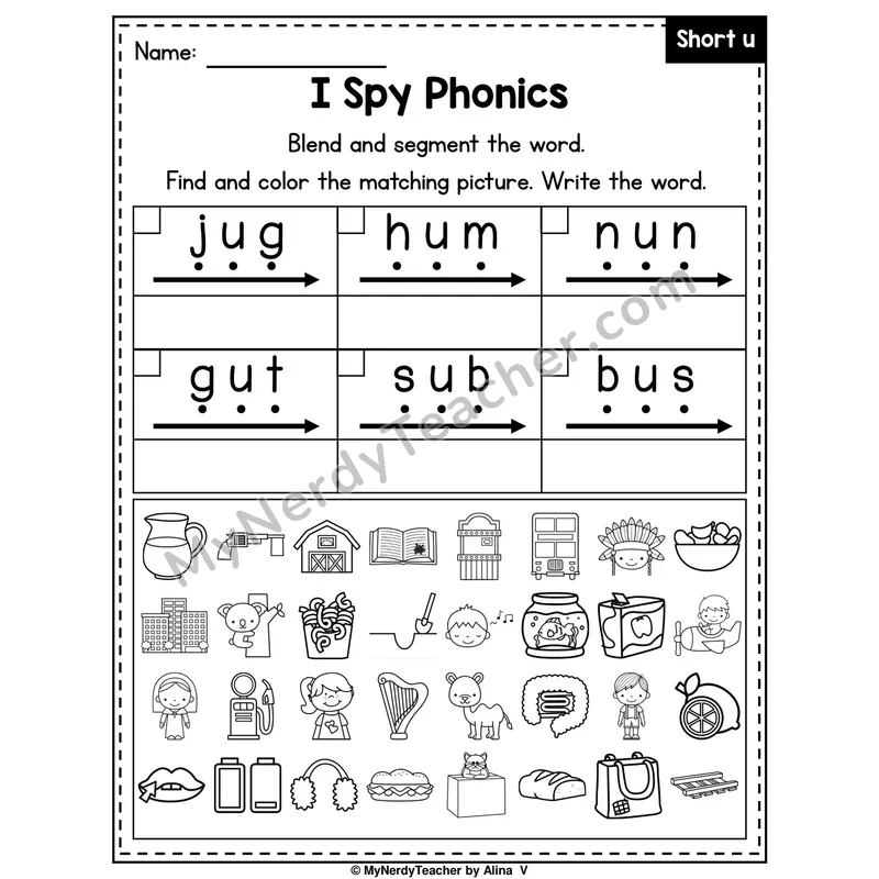 I Spy Phonics Worksheet — Short U CVC Words