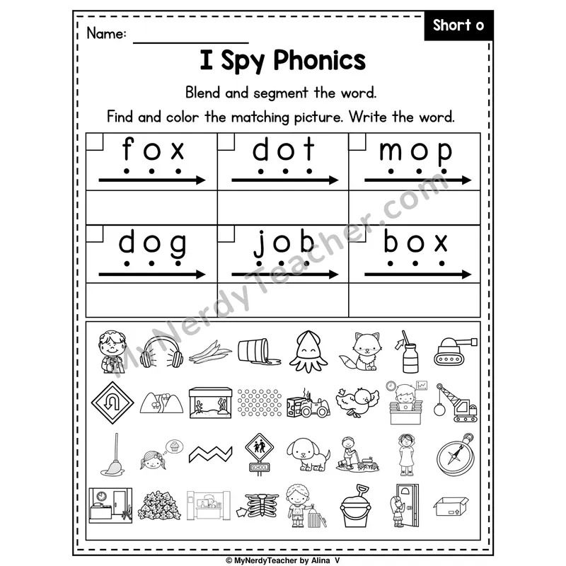 I Spy Phonics Worksheet — Short O CVC Words