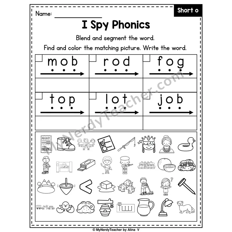I Spy Phonics Worksheet — Short O CVC Words