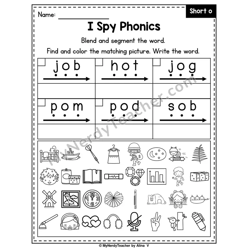 I Spy Phonics Worksheet — Short O CVC Words