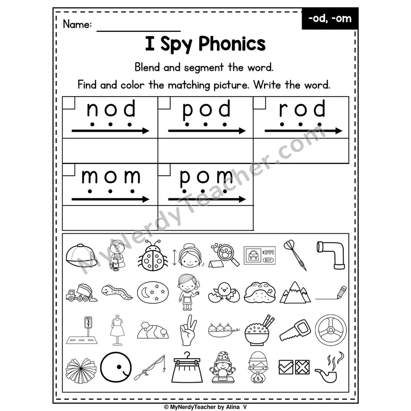 I Spy Phonics Worksheet — Short O CVC Words — -od, -om