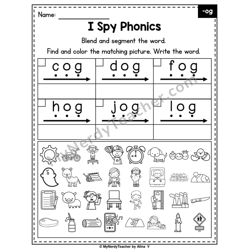 I Spy Phonics Worksheet — Short O CVC Words — -og