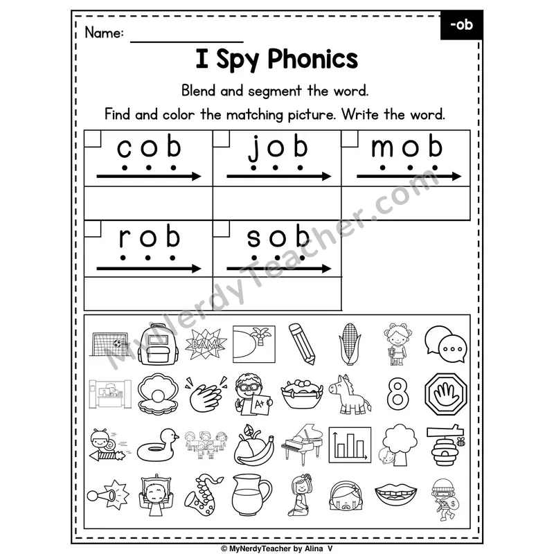 I Spy Phonics Worksheet — Short O CVC Words — -ob