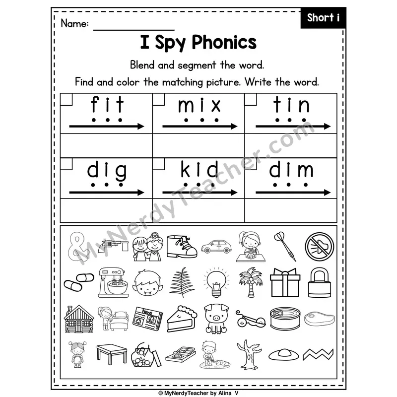 I Spy Phonics Worksheet — Short I CVC Words
