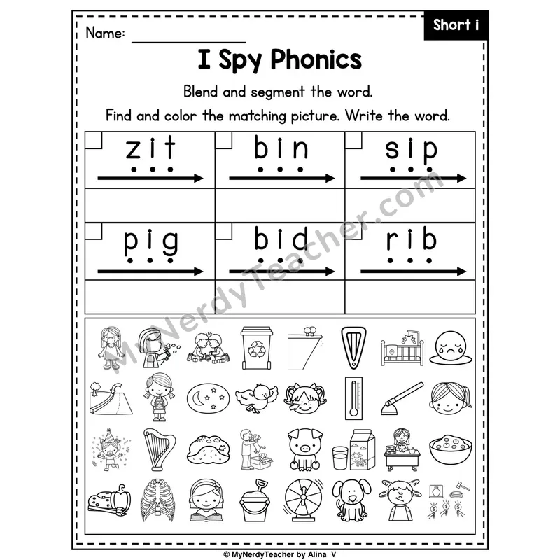 I Spy Phonics Worksheet — Short I CVC Words