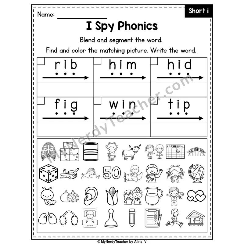 I Spy Phonics Worksheet — Short I CVC Words
