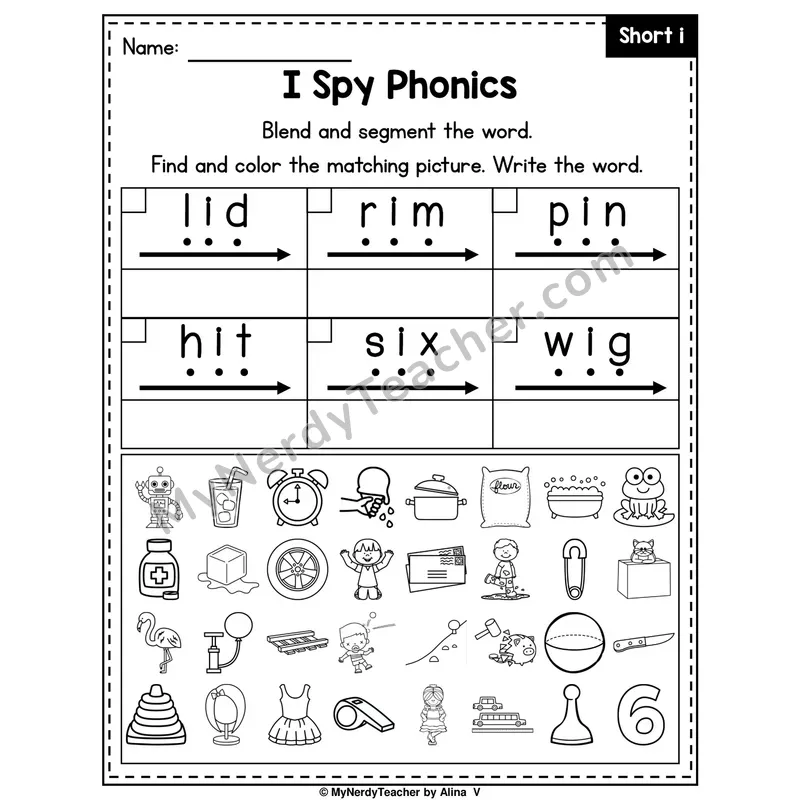 I Spy Phonics Worksheet — Short I CVC Words
