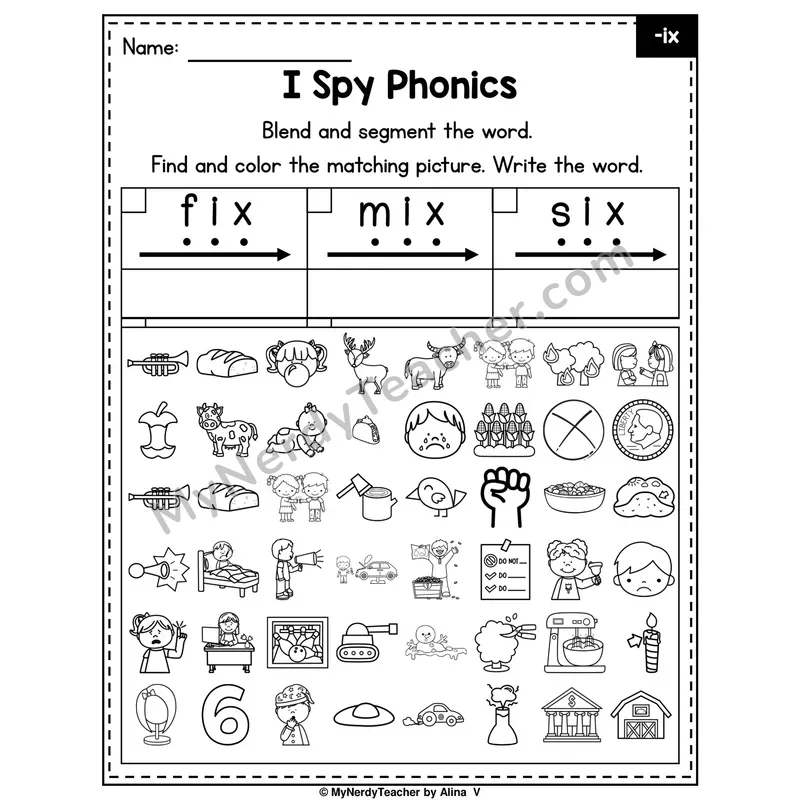 I Spy Phonics Worksheet — Short I CVC Words — -ix