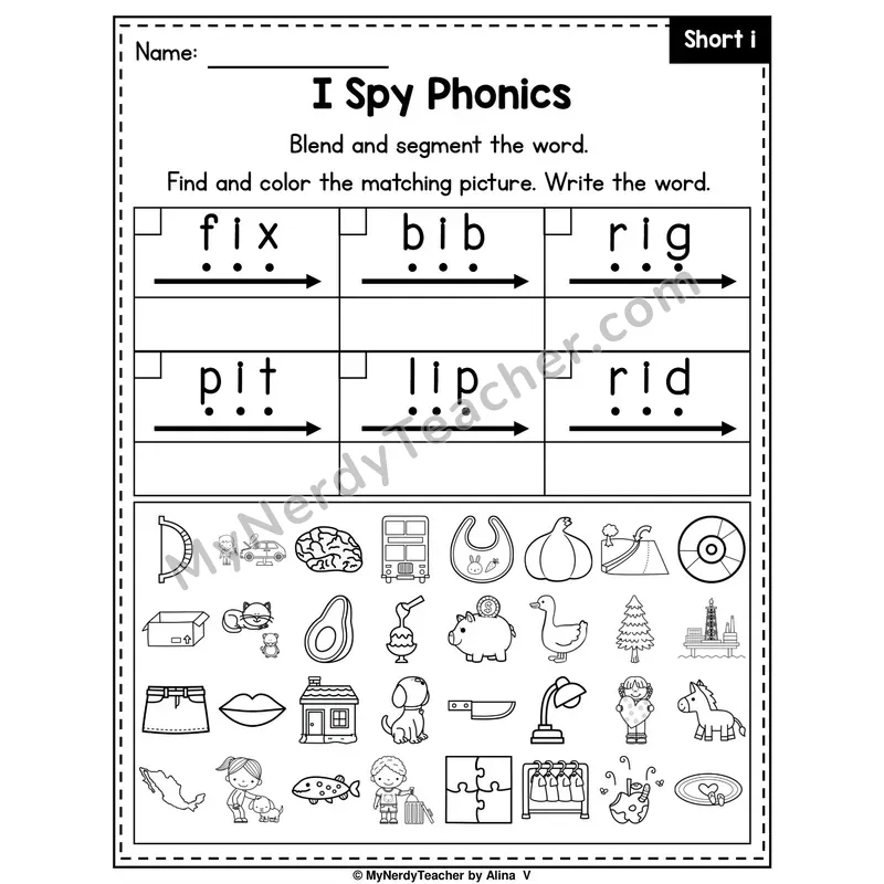 I Spy Phonics Worksheet — Short I CVC Words