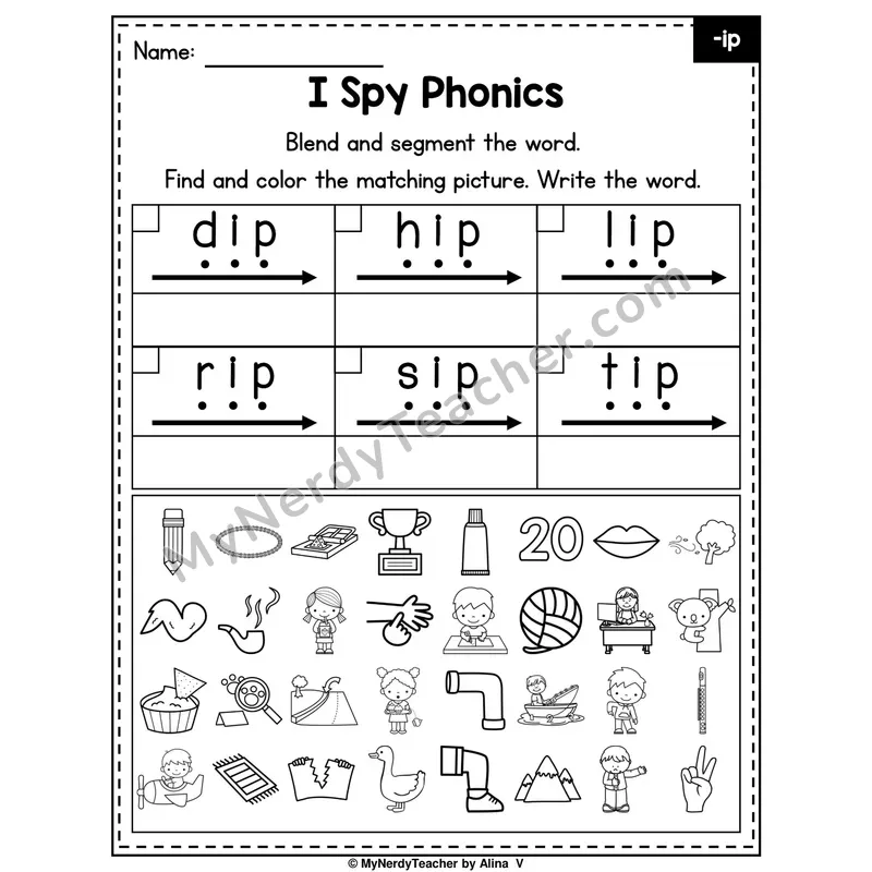 I Spy Phonics Worksheet — Short I CVC Words — -ip