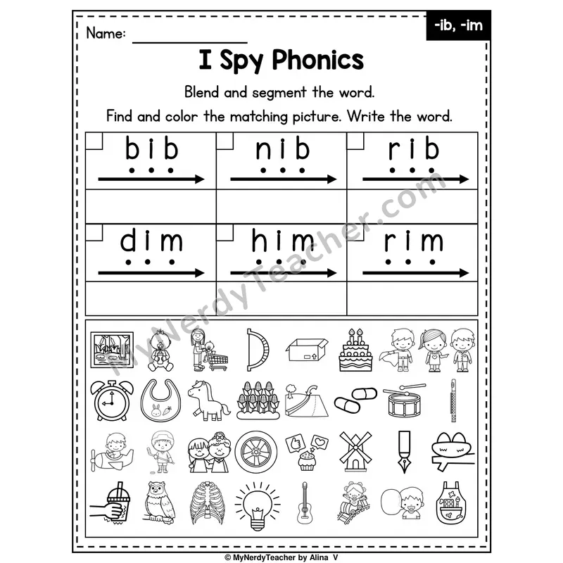 I Spy Phonics Worksheet — Short I CVC Words — -ib, -im