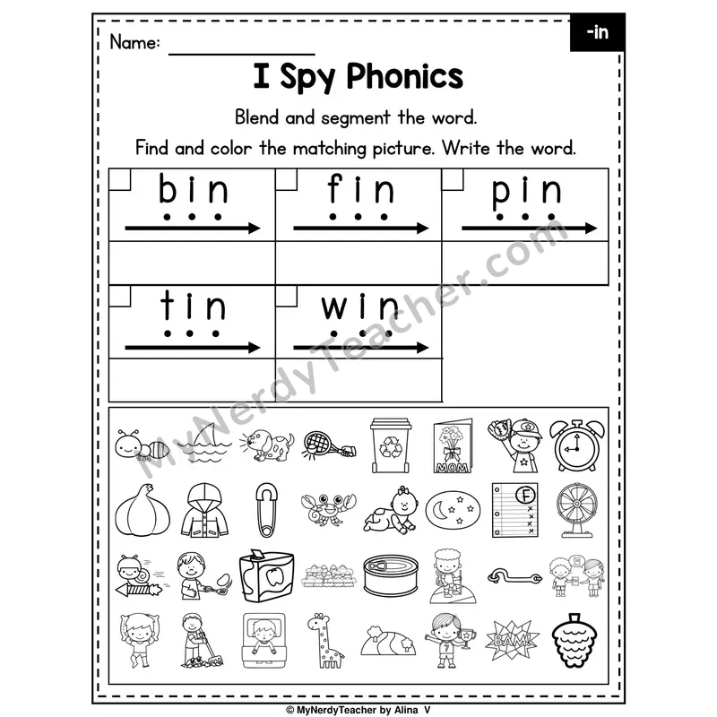 I Spy Phonics Worksheet — Short I CVC Words — -in
