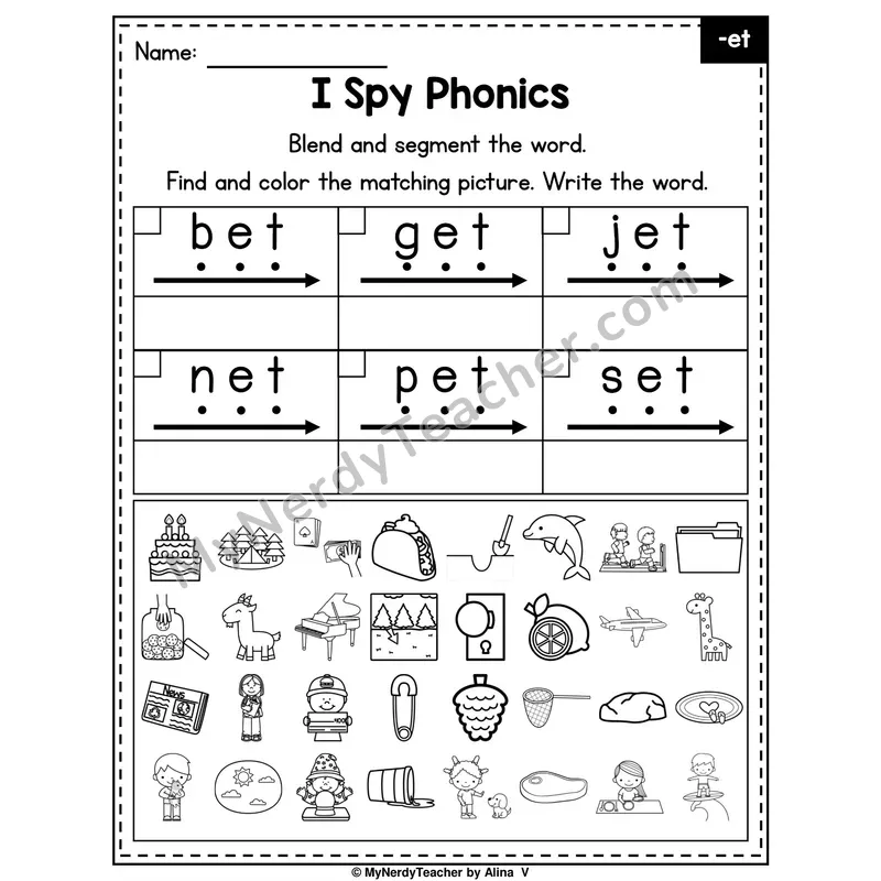 I Spy Phonics Worksheet — Short E CVC Words — -et