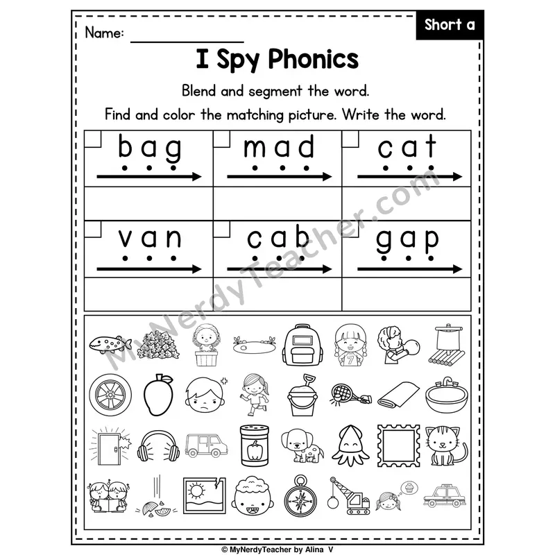 I Spy Phonics Worksheet — Short A CVC Words