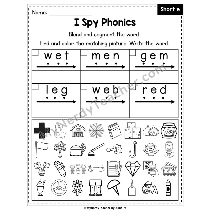 I Spy Phonics Worksheet — Short E CVC Words