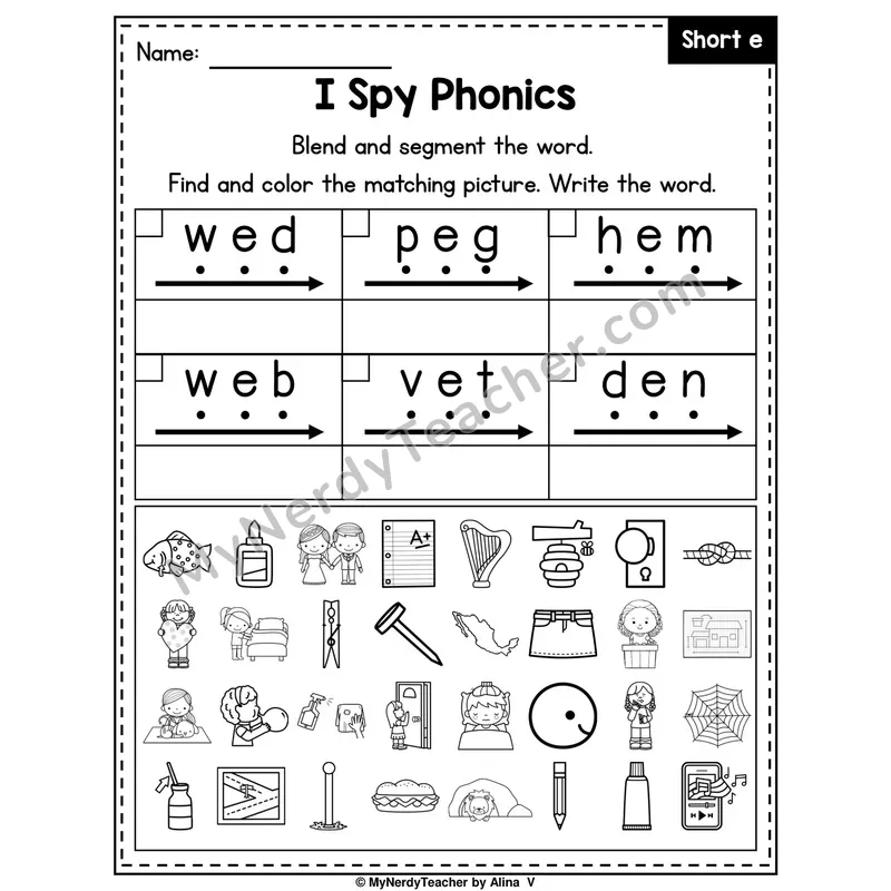 I Spy Phonics Worksheet — Short E CVC Words